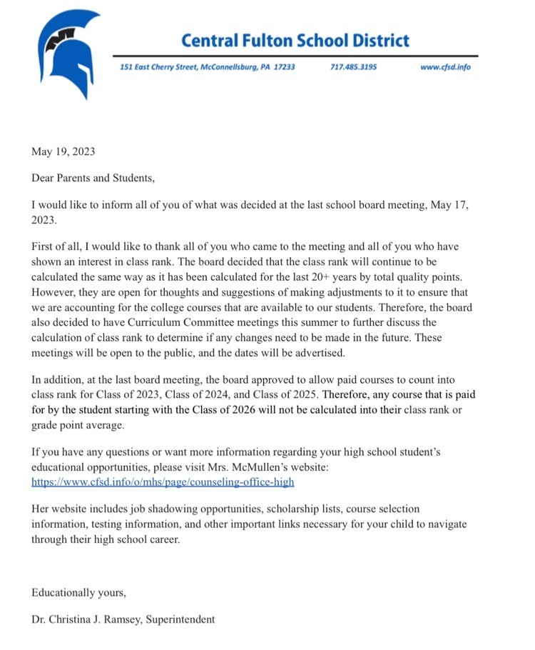 letter to parents regarding special Board meeting held in May 17 th 2023